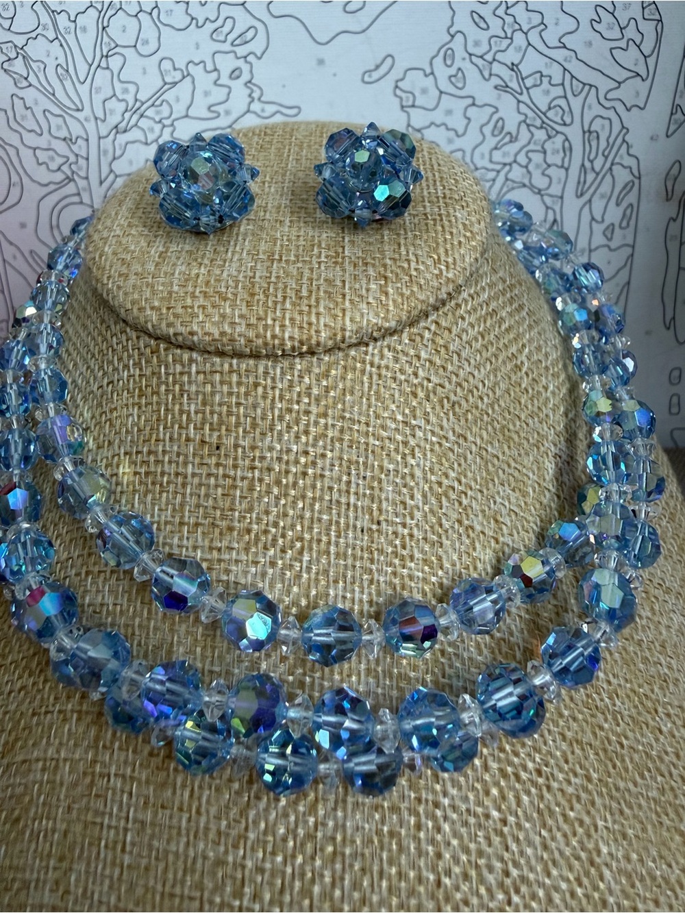 Blue Crystal Bead Triple Strand Necklace and Earring Set